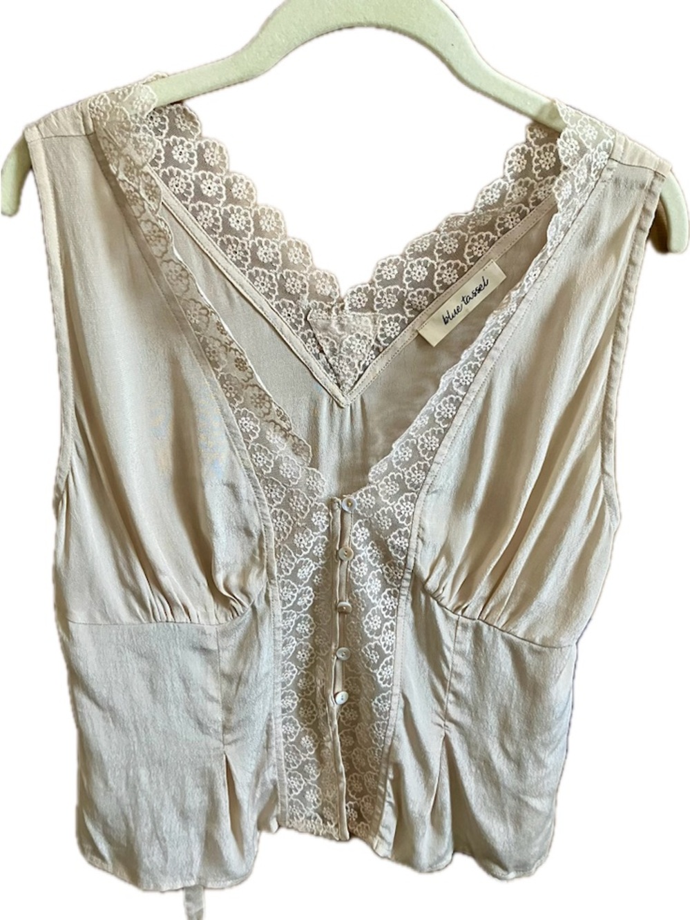 Blue Tassel Silk Cream Lace-Trim Sleeveless Blouse
